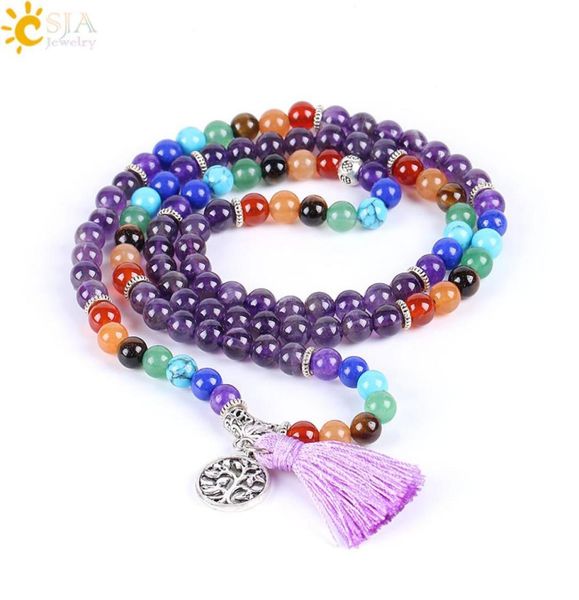 

csja reiki natural 7 chakra multi layer amethyst gemstone charms bracelets women purple crystal 108 mala yoga beads meditation hea5353159, Black