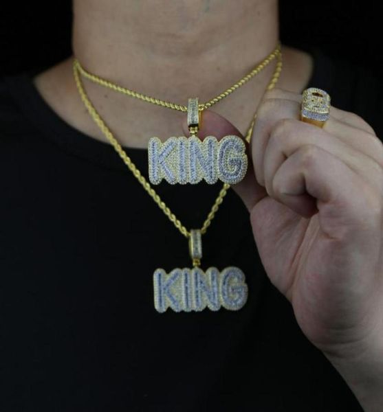 

chains 2021 hip hop iced out bling micro pave cubic zircon king letters pendant necklace with 3mm rope chain mens charm jewelry2465937, Silver