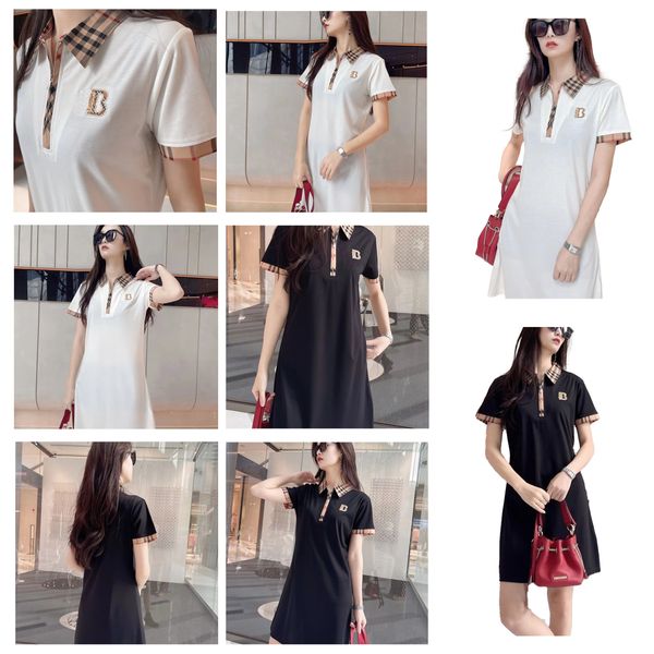

2023 horse collar large size dress women new summer fashion short sleeve midi plaid color block t-shirt polo collar skirt s-2xl, Black;gray