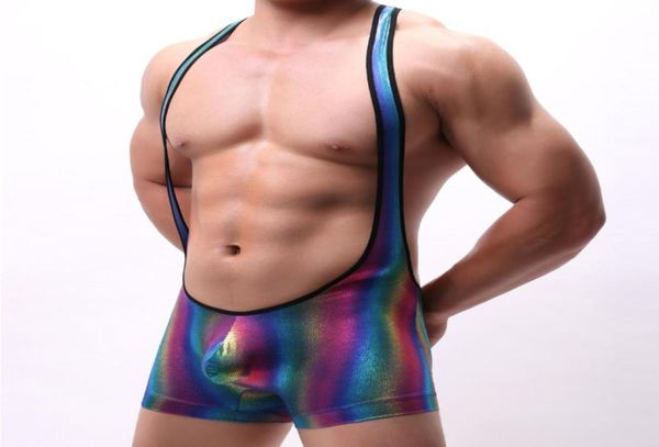 

men undershirt faux leather pu rainbow color wrestling singlet mankini jumpsuit teddies pouch underwear bodysuit club wear co5685488, Black;brown
