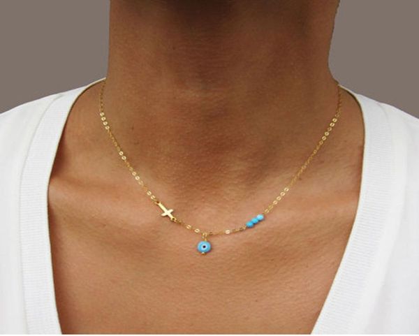 

charms silver gold color chain evil eye cross choker necklace for women boho fashioin blue beads necklace jewelry colar4556079