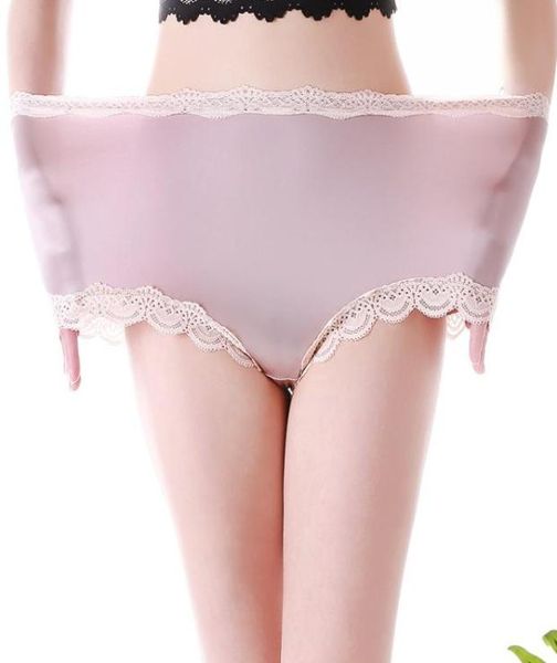 

high waist large size panties seamless satin silk briefs underwear lace trim soft stretchy lingerie women panties pink 5xl4691874, Black;pink