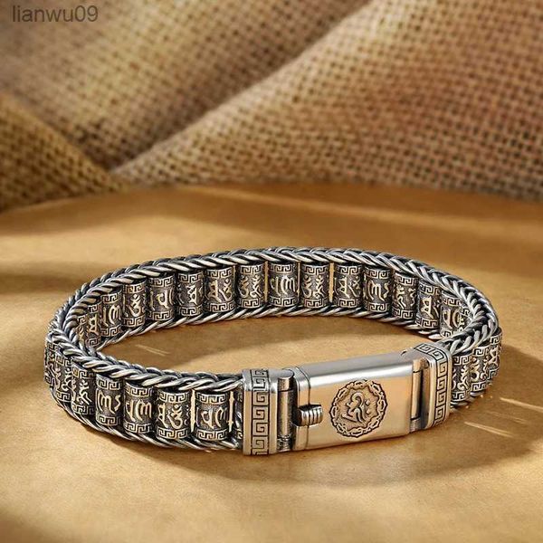 

handmade silver color reative passepartout prayer wheel bracelet men transfer beads sixcharacter mantra retro women charm chain l230704, Black