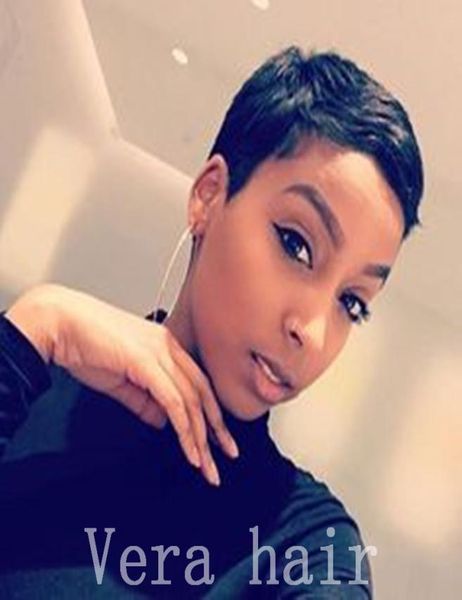 

100 human hair short wig for black women african american pixie wigs black straight hair wig with side bangs none lace wigs2985526, Black;brown