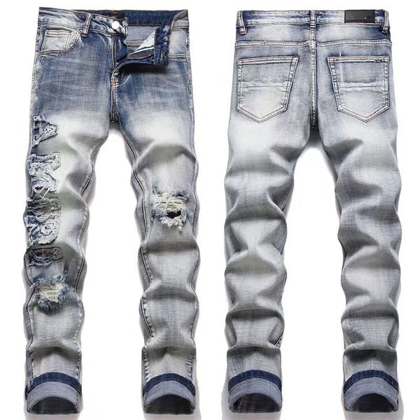 

designer mens purple jeans high street purple jeans for mens embroidery pants womens oversize ripped patch hole denim straight fashion106, Blue