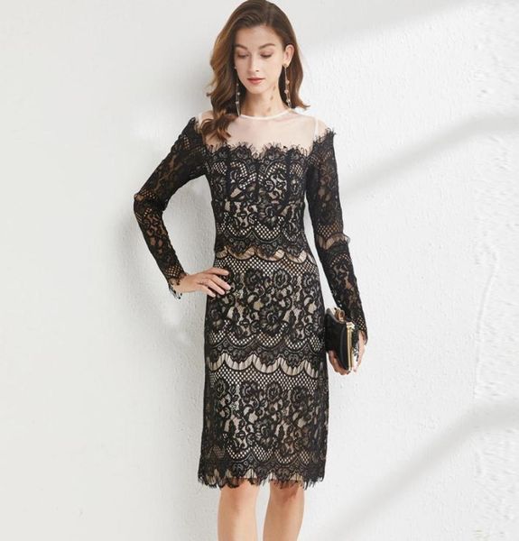 

women039s runway dresses o neck long sleeves embroidery lace patchwork fashion straight autumn dress vestidos9205752, Black