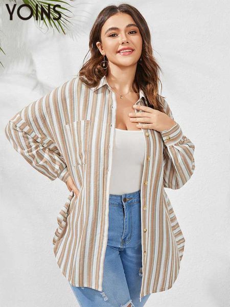 

women's blouses shirts yoins stylish tunic 2023 autumn women long sleeve cotton blouse casual striped shirts buttons curved blusas fem, White