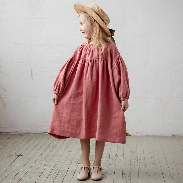 

girl's dresses pastoral retro long-sleeve girls cotton and linen dress autumn new baby girl casual loose lantern sleeve princess dresse, Red;yellow