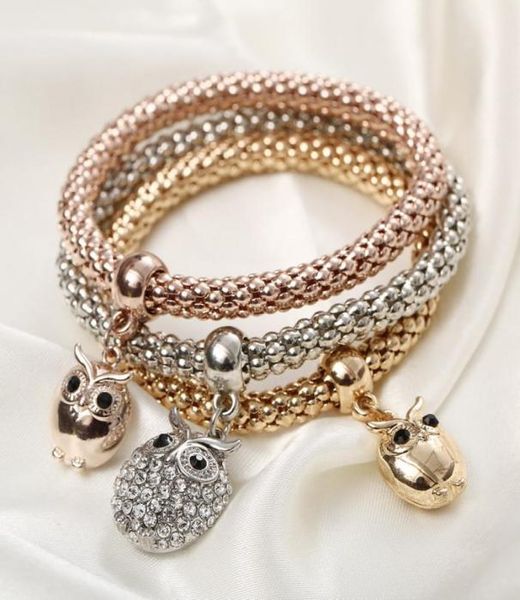 

wholefashion 3pcsset crystal bead bracelet women gold plated crystal owl bangles jewellery elastic charm gifts pulseira femi3048776, Golden;silver