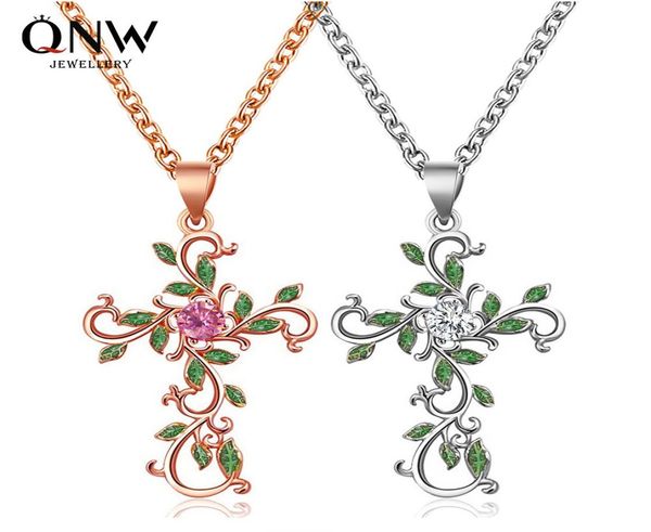 

personalized flower cross necklace temperament diamond leaf clavicle chain christian religious accessories3984373, Silver