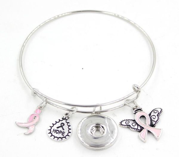 

new arrival snap jewelry hope ribbon breast cancer awareness pink ribbon angel wing charm expandable adjustable wire snap bangles 2031706, Golden;silver