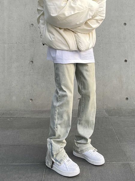 

american high street vibe vintage washed old yellow mud dyed zipper split jeans men's straight tube micro flared long pants, Blue