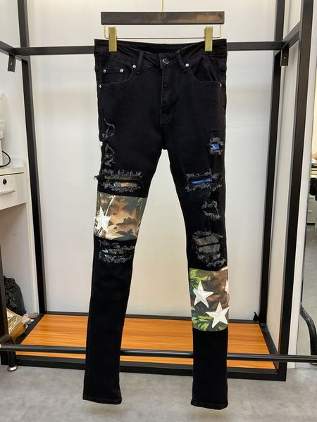 

jeans fashion mens luxury designer denim jeans destroy holes jeanfive-pointed star applique skinny pants man motorcycle riding slim denim pa, Blue