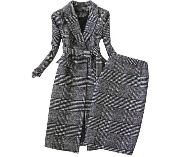 

work dresses plaid suit women autumn winter long woolen blazer skirt set temperament tweed trench two piece plus size outfit f189123662, White;black