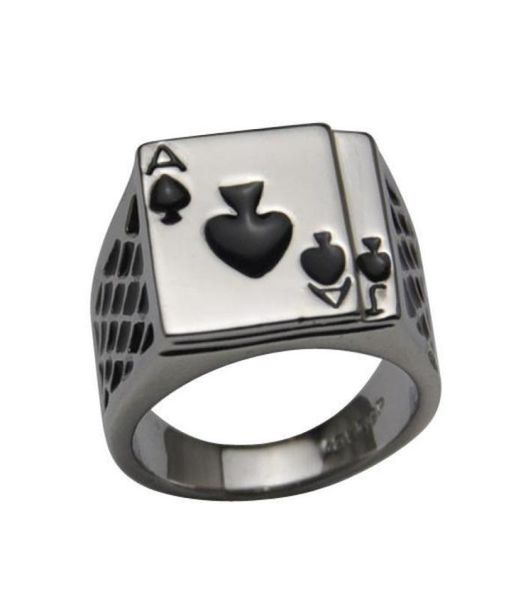 

2014 cool men039s jewelry chunky 18k white gold plated black enamel spades poker ring men2946376, Silver