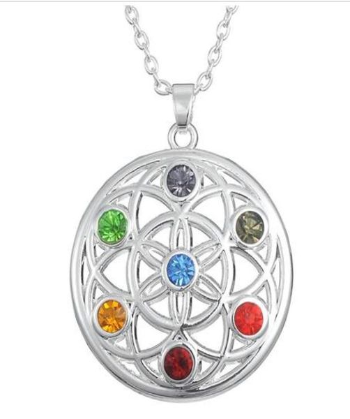 

10pcslot new style seven colors chakra stones yoga om mandala necklace potential healing energy necklace religious jewelry8237355, Silver