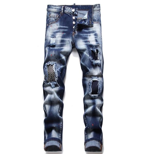 

men slim fit stretchy beggar jeans ripped badge skinny men039s denim pants 5pocket regular cotton jean destroyed hole clothing2666565, Blue