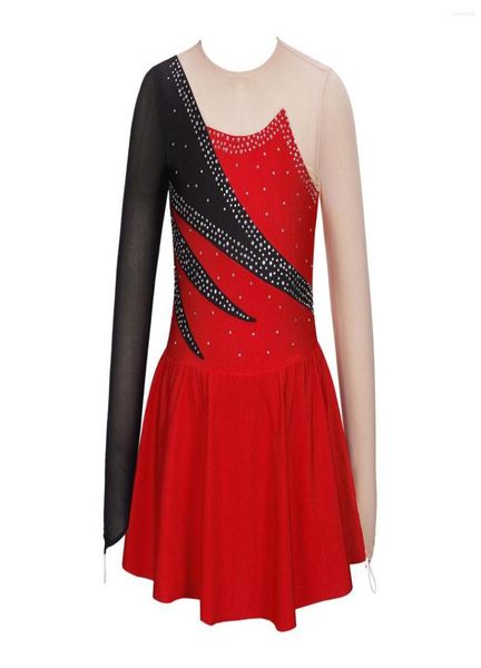 

stage wear sequins figure skating dress kids girls rhine mesh skirted ballet gymnastics leotard ballroom competition costumes3625651, Black;red