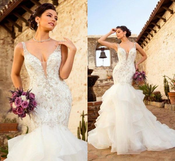 

kitty chen wedding dresses 2019 tiered lace appliqued vneck bridal gowns backless sweep train vestido de novia mermaid wedding dr6569178, White