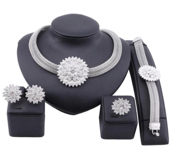 

african jewelry flower crystal necklace earrings dubai gold jewelry sets for women wedding bridal bracelet ring set7321107, Slivery;golden