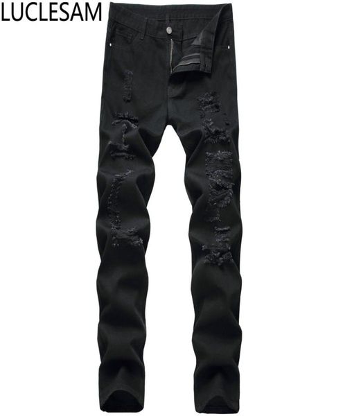 

mens distressed jeans male ripped hole straight denim pants hip hop streetwear high waist trousers men black vintage casual jean3931483, Blue