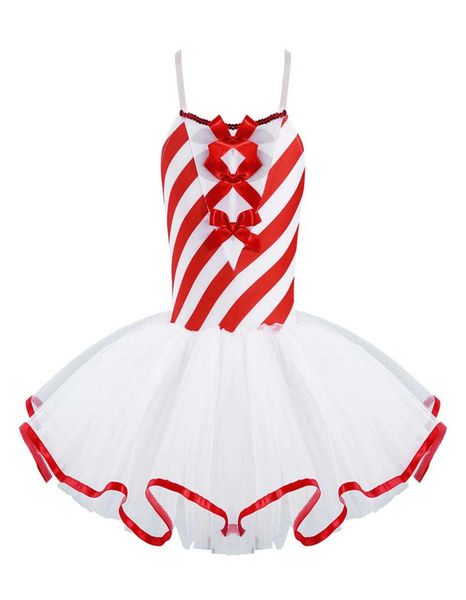

sleeveless adjustable straps bowknot striped tutu dress kids girls gymnastics figure ice skating dress christmas dance costume g106669504, Red;yellow