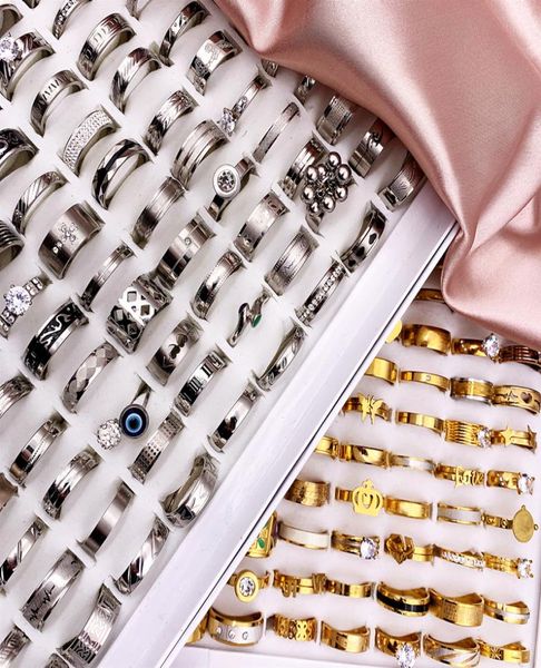 

fashionable 30 pcslot stainless steel rings band titanium mix style golden silvery men and women wedding beautiful jewelry charm 4388420, Silver