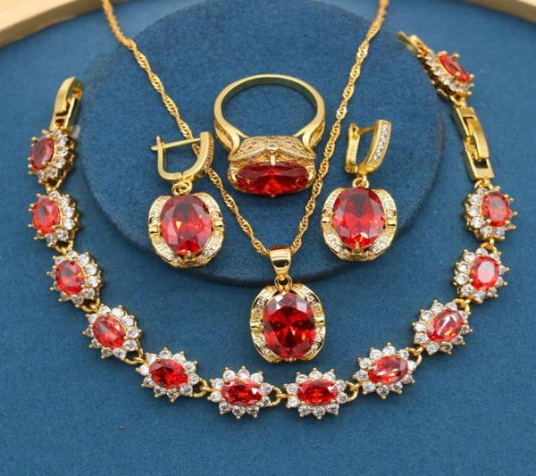 

earrings necklace classic red zirconia stones gold color jewelry sets for women bracelet ring party birthday gift6173810, Silver
