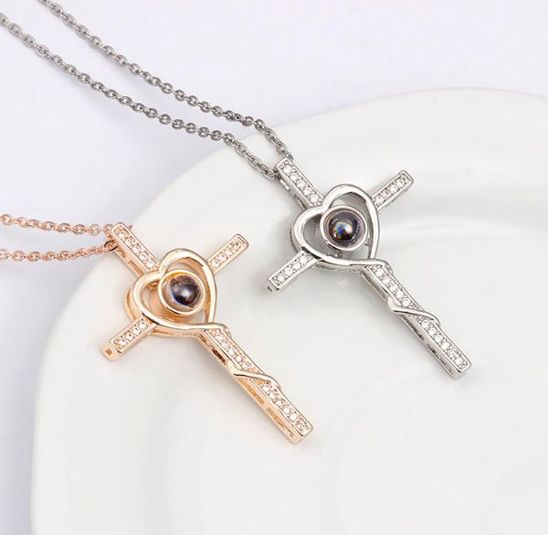 

new 100 languages i love you projection necklaces for women girlfriend crystal cross pendant romantic love memory wedding jewelry7602794, Silver