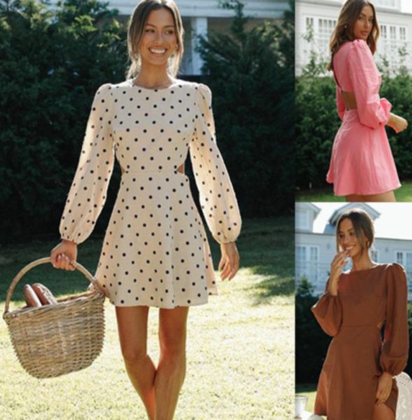 

2022 european and american women039s fashionable round neck backless long sleeve holiday style dress9369134, Black;gray