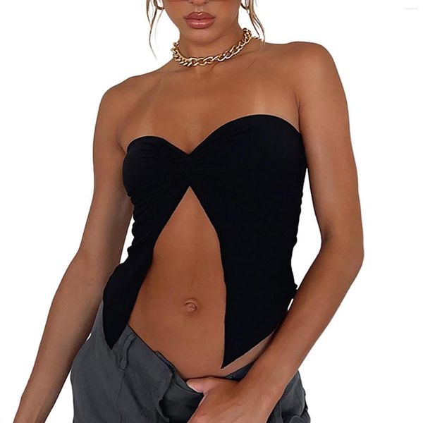 

women's tanks womens ruched twisted knot tube strapless backless front split bandeau tank summer solid slim skinny corset, White