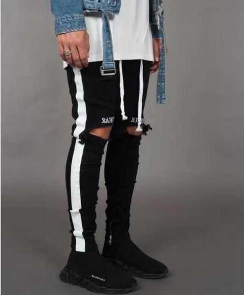 

new fashion mens jean street black holes white stripes jeans hiphop skateboard pencil pants5074009, Blue