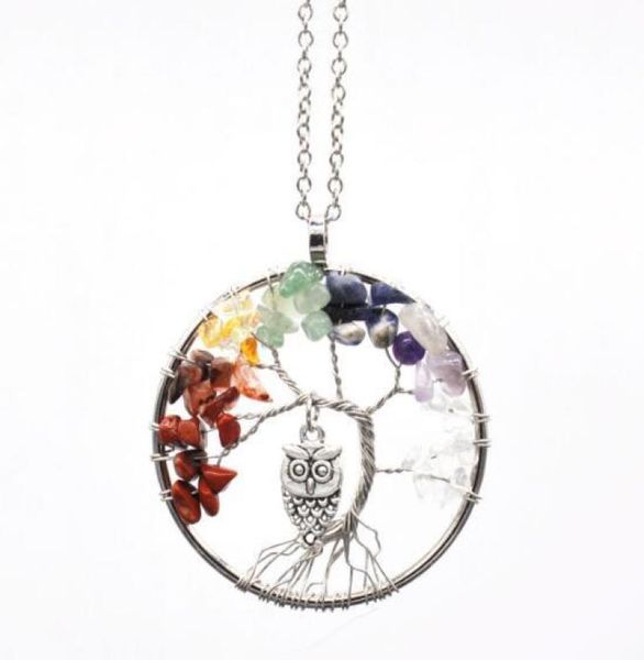 

women rainbow 7 chakra amethyst tree of life quartz chips owl pendant necklace multicolor wisdom tree natural stone necklace8902633, Silver