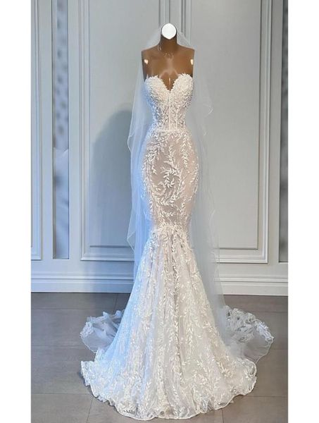 

elegant mermaid wedding dresses sleeveless sweetheart strapless sequins appliques bridal gowns lace train 3d lace hollow ruffles s1287345, White