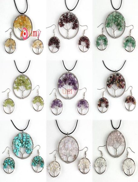 

whole 10sets multi style quartz chakra gravel tree of life wire wrap leather chain pendant necklace hook earrings2267454, Silver