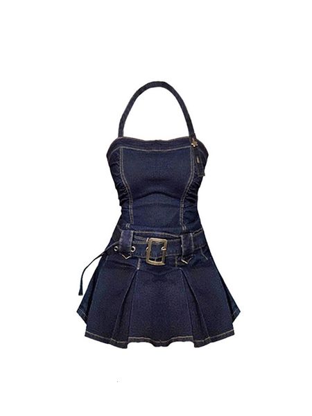 

urban dresses summer dress strapless halter neck sleeveless sling y2k mini dress harajuku girl dress for women retro denim a-line dress 2307, White;black