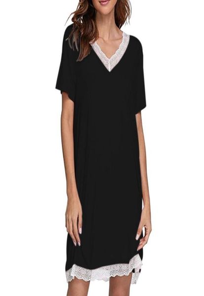 

women039s sleepwear women nightgowns cotton modal summer solid lace splice vneck short sleeve night dress underwear gown sleep6546831, Black;red