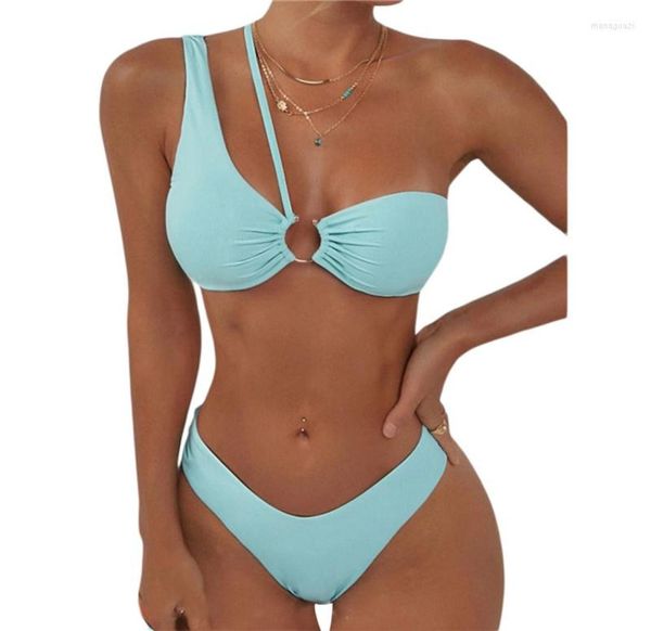 

women039s swimwear casual women beach bikini set single one shoulder low cut crop bra waist solid color panties swims1396537, White;black