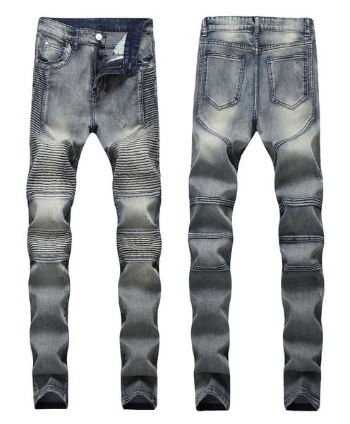 

autumn mens ripped jeans slim fit denim pants tiedye men pleated motorcycle biker hip hop strech for man3480380, Blue