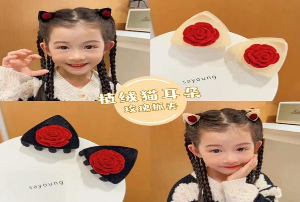 

pair of barrettes children039s new flocking cat ears in autumn and winter rose small clip broken bangs hair accessories9859602, Golden;silver