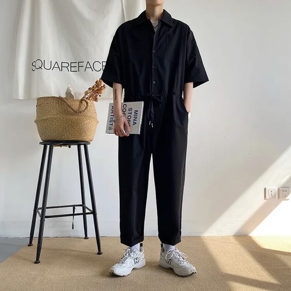 

men s pants overalls jumpsuits summer fashion casual nine point cargo japanese retro male clothes couple loose solid color suit 230711, Black