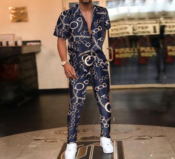 

vintage printed mens tracksuits fashion casual short sleeve shirts and long pants outfits summer two piece sets3539174, Gray