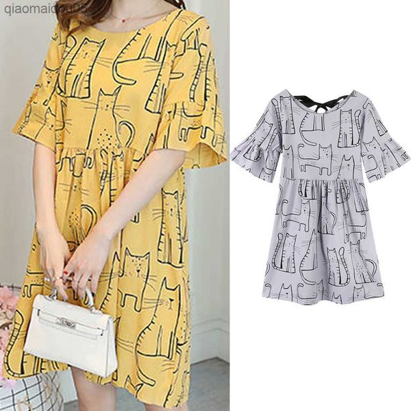 

women pregnancy dress summer loose korean style a-shaped medium length come cartoon cat pregnancy clothes maternity dresses l230712, White