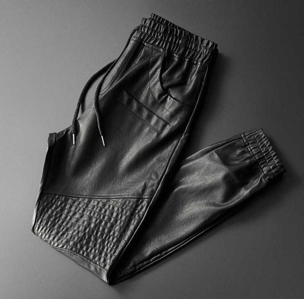 

thoshine brand men leather pants superior quality elastic waist jogger pants motorcycle pocket faux leather trousers harem pants 21424826, Black