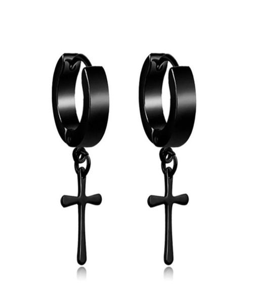 

black gold sliver stainless steel huggie hoop earring punk gothic cross charm small circle loop dangle earrings ear piercing jewel9272682, Golden;silver