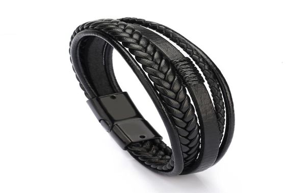 

bracelet men multilayer leather bangles magneticclasp cowhide braided multi layer wrap trendy bracelet armband hombre4720894, Black