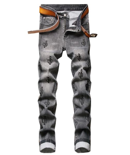 

european and american style slim embroidery men039s gray jeans autumn stretch fashion casual denim pants brand clothing7548879, Blue