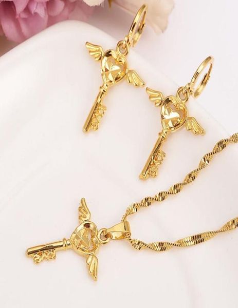 

fashion necklace earring set women party gift solid fine gold gf key pattern wing necklace earrings jewelry sets girls3552561, Silver
