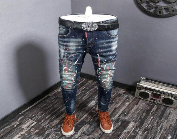 

fashion streetwear men jeans spliced slim fit ripped biker jeans homme paint designer elastic hip hop long pants5605992, Blue