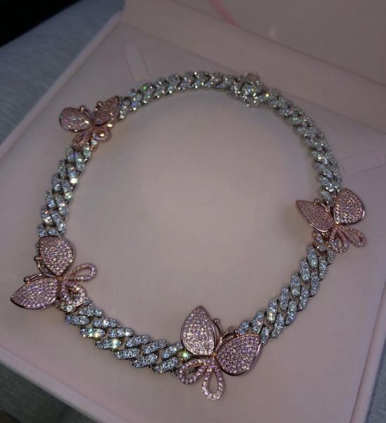 

12mm cz miami cuban link chain pink butterfly choker necklace hip hop rock iced out bling women jewelry 2020 new5981435, Silver
